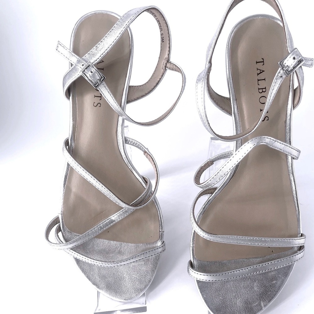 Talbots Strappy Silver Capri Leather Strappy Mini Wedge Sandals Womens 6.5 M